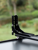 Top view of the Lucas Creek stainless steel fully height adjustable free standing awning bracket - powder coated in black 